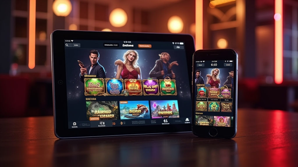 Casino app interface shown on a phone and tablet