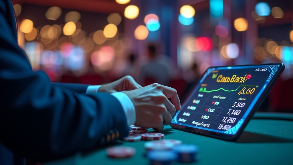 Casino player checking cashback details on a glowing screen beside chips