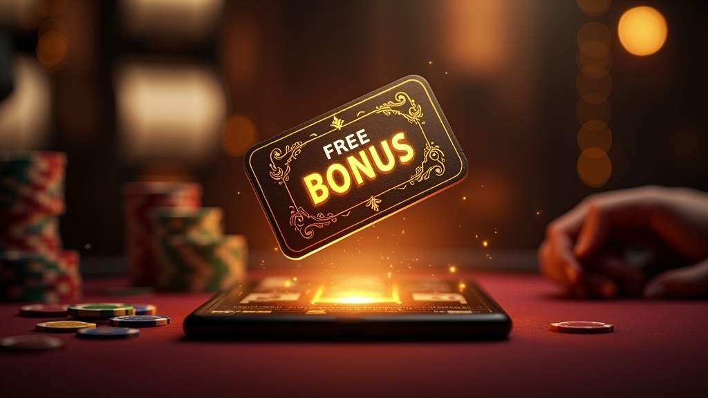 Glowing no-deposit bonus voucher with casino chips and a smartphone
